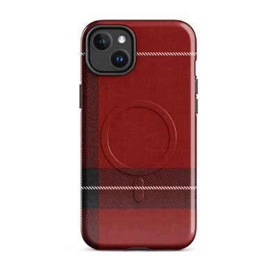 classic Scottish tartan plaid in deep crimson red with bold black bands and thin white stripe accents on a textured fabric-style background on Glossy Highland Red Plaid MagSafe Tough Case for iPhone - default - Front view