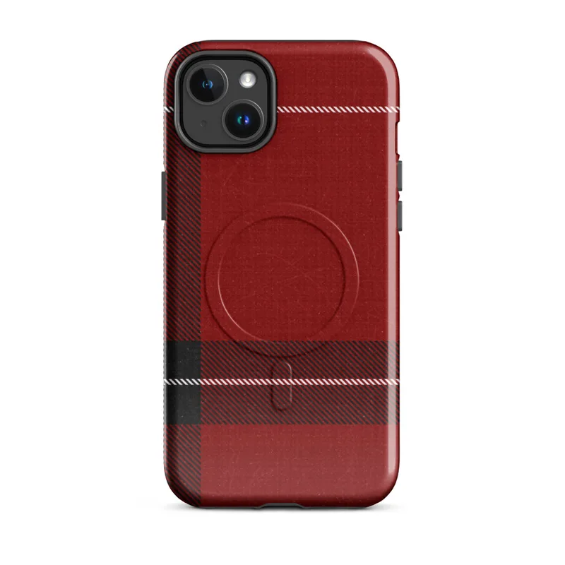Glossy Highland Red Plaid MagSafe Tough Case for iPhone — classic Scottish tartan plaid in deep crimson red with bold black