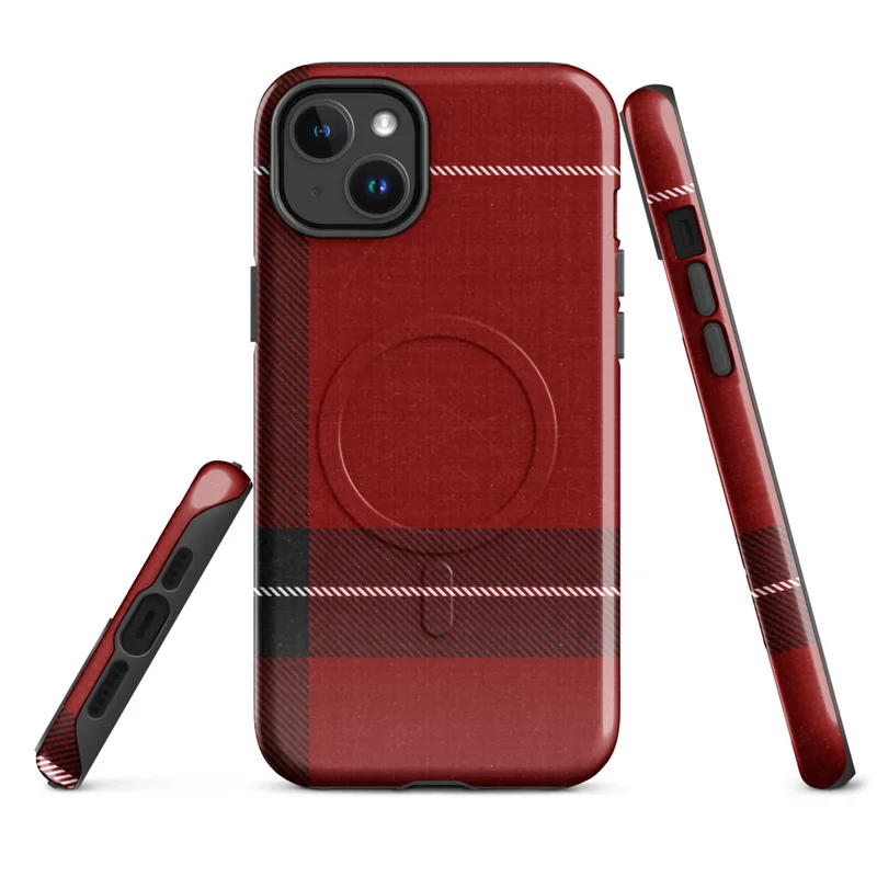 Glossy Highland Red Plaid MagSafe Tough Case for iPhone — classic Scottish tartan plaid in deep crimson red with bold black