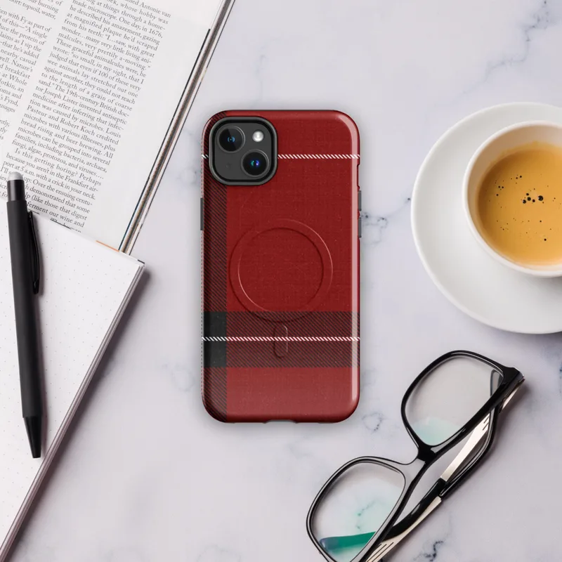 Glossy Highland Red Plaid MagSafe Tough Case for iPhone — classic Scottish tartan plaid in deep crimson red with bold black