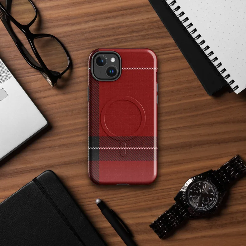 Glossy Highland Red Plaid MagSafe Tough Case for iPhone — classic Scottish tartan plaid in deep crimson red with bold black