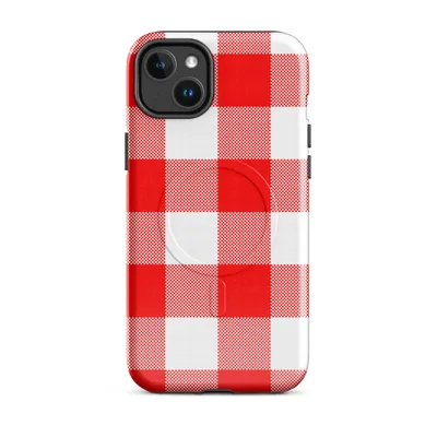 large-scale red and white gingham checkerboard woven fabric pattern with classic picnic cloth style on Glossy Red Gingham Picnic Plaid MagSafe Tough Case for iPhone - default - Front view