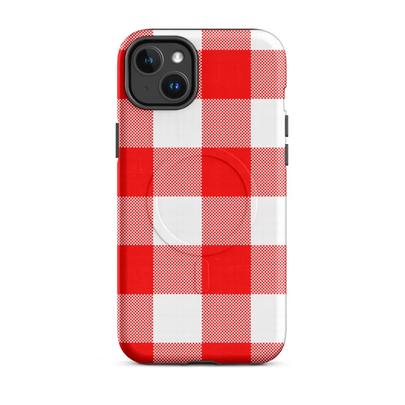 Matte Red Gingham Picnic Plaid MagSafe Tough Case for iPhone — large-scale red and white gingham checkerboard woven fabric