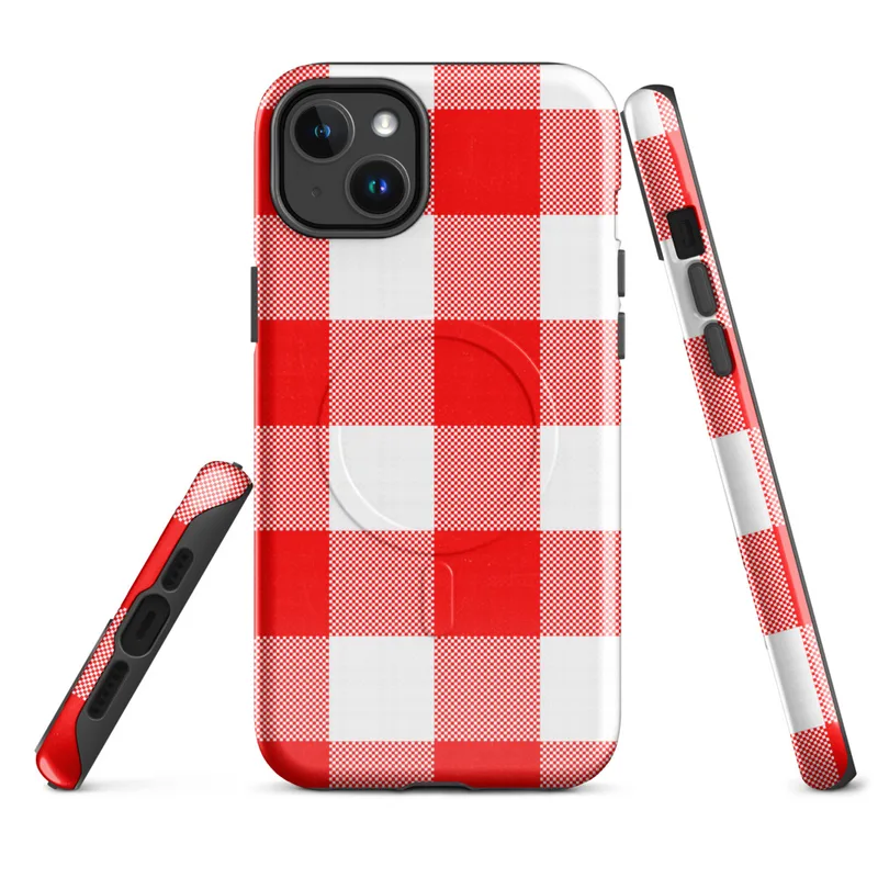 Glossy Red Gingham Picnic Plaid MagSafe Tough Case for iPhone — large-scale red and white gingham checkerboard woven fabric