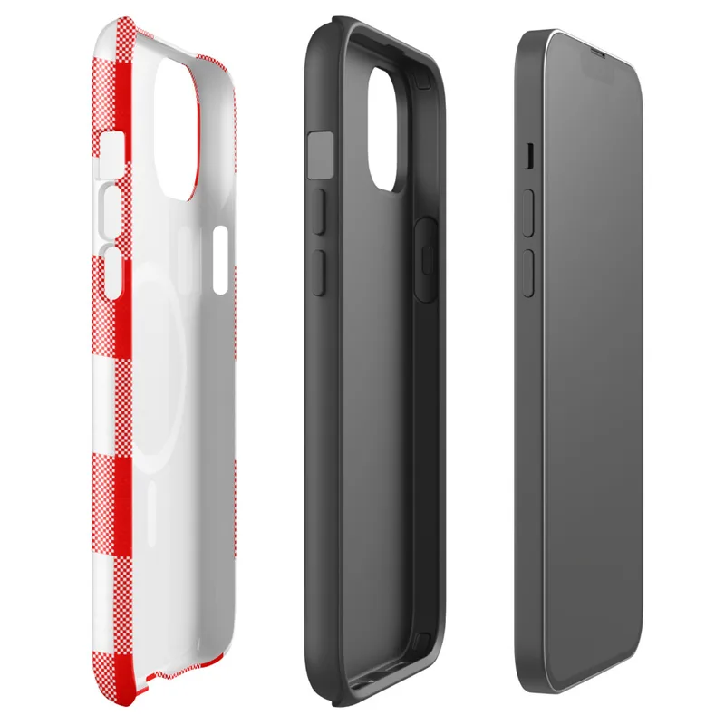 Glossy Red Gingham Picnic Plaid MagSafe Tough Case for iPhone — large-scale red and white gingham checkerboard woven fabric