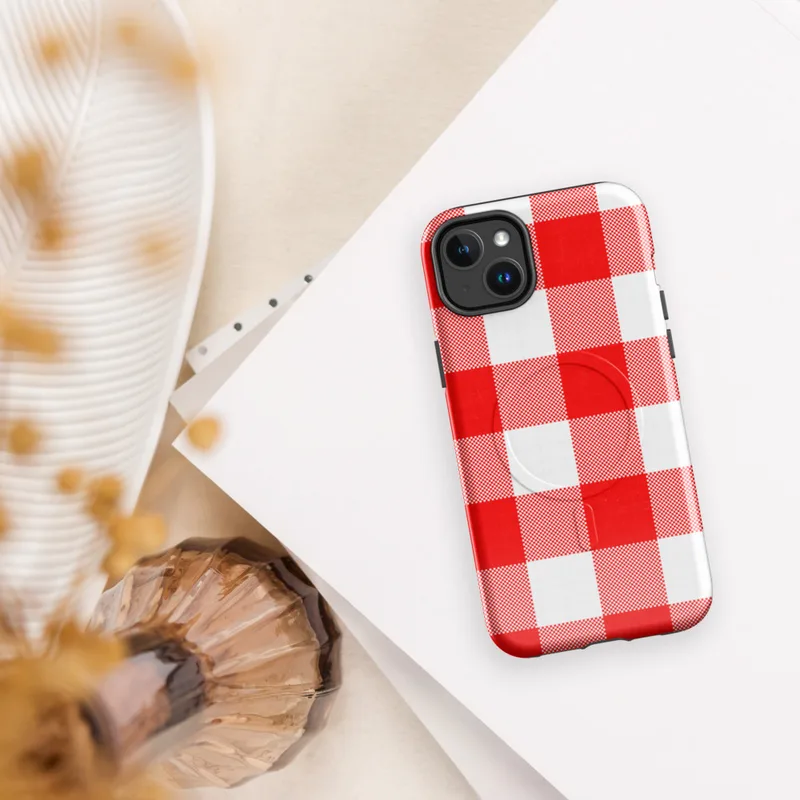 Glossy Red Gingham Picnic Plaid MagSafe Tough Case for iPhone — large-scale red and white gingham checkerboard woven fabric