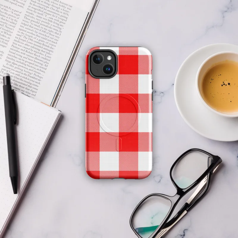 Glossy Red Gingham Picnic Plaid MagSafe Tough Case for iPhone — large-scale red and white gingham checkerboard woven fabric