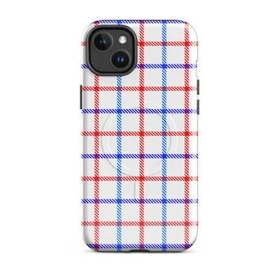 red white and blue gingham plaid pattern with diagonal stripe texture on white background on Glossy American Plaid Patriot MagSafe Tough Case for iPhone - default - Front view