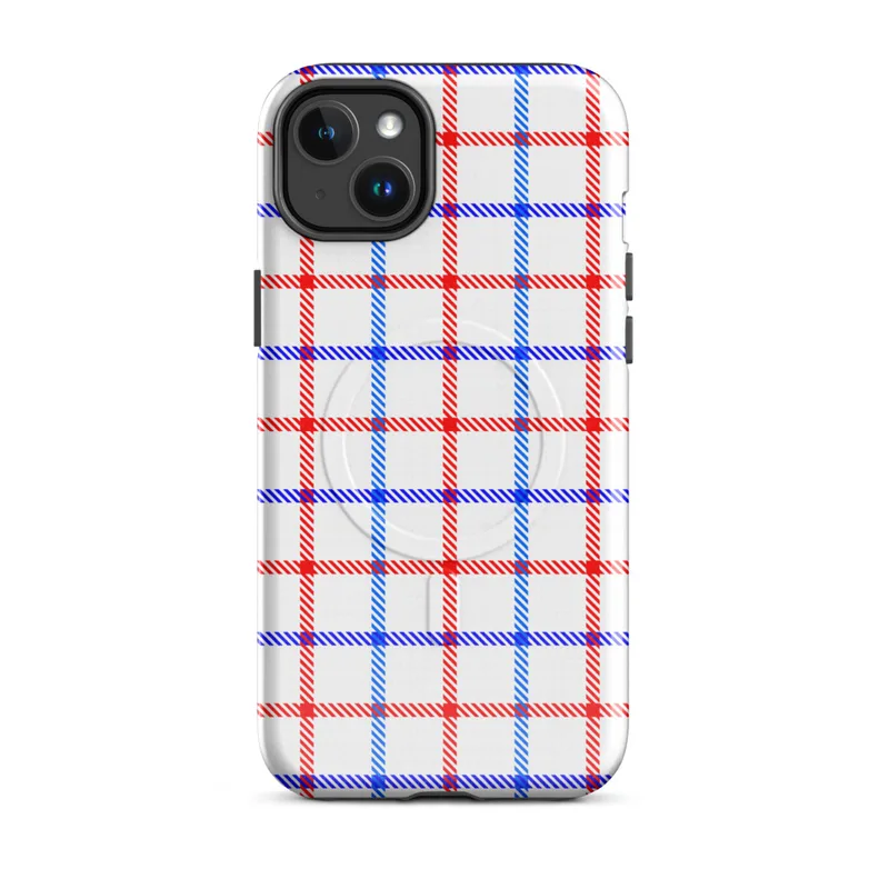 Glossy American Plaid Patriot MagSafe Tough Case for iPhone — red white and blue gingham plaid pattern with diagonal stripe