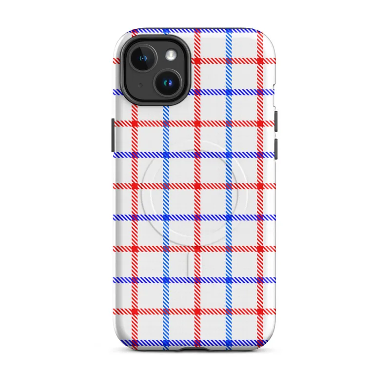 Matte American Plaid Patriot MagSafe Tough Case for iPhone — red white and blue gingham plaid pattern with diagonal stripe