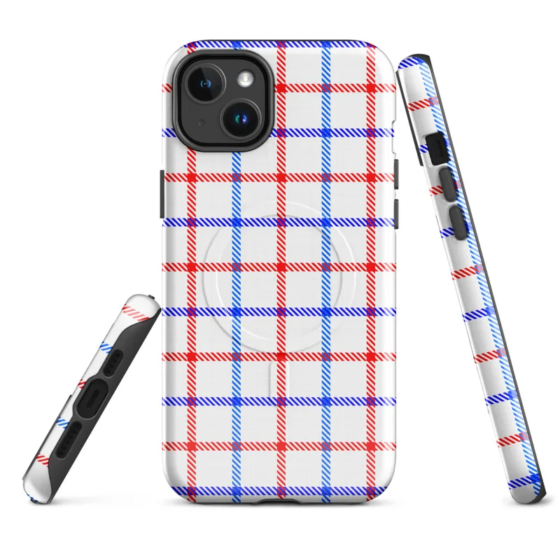 Glossy American Plaid Patriot MagSafe Tough Case for iPhone — red white and blue gingham plaid pattern with diagonal stripe