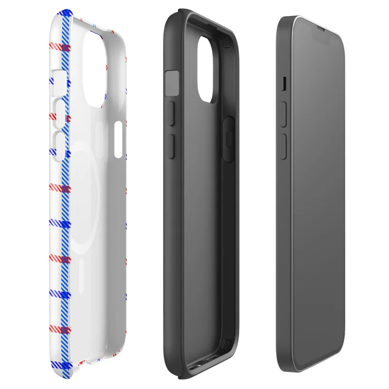 Glossy American Plaid Patriot MagSafe Tough Case for iPhone — red white and blue gingham plaid pattern with diagonal stripe