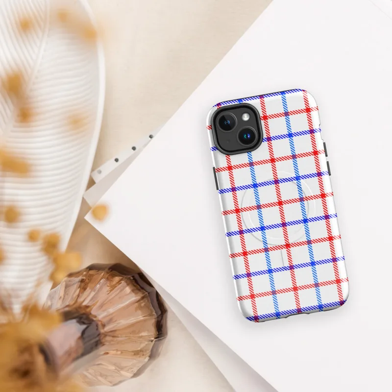 Glossy American Plaid Patriot MagSafe Tough Case for iPhone — red white and blue gingham plaid pattern with diagonal stripe