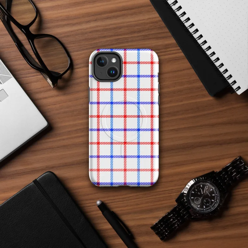 Glossy American Plaid Patriot MagSafe Tough Case for iPhone — red white and blue gingham plaid pattern with diagonal stripe