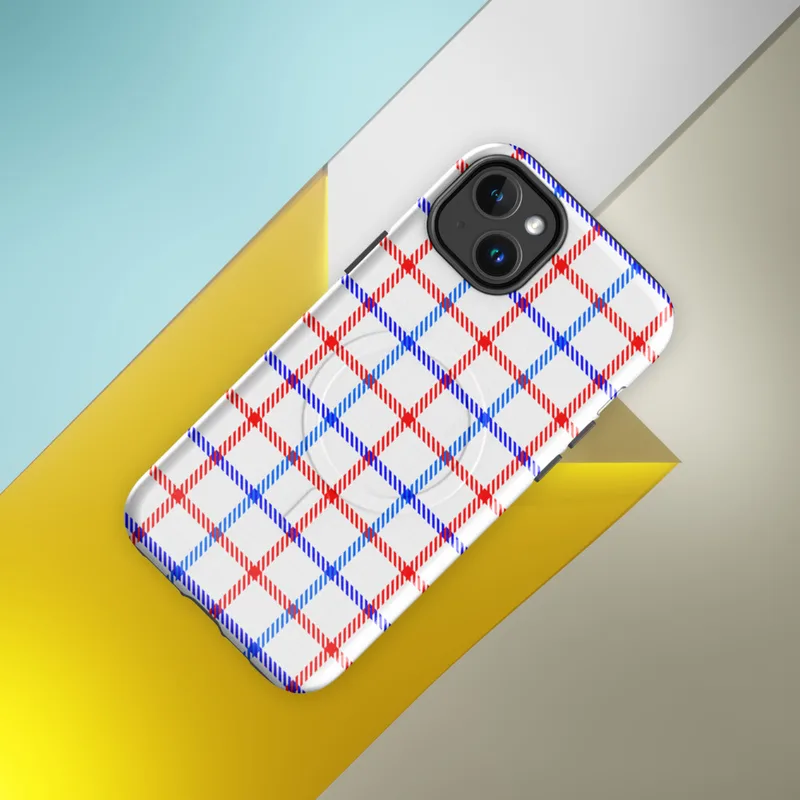 Glossy American Plaid Patriot MagSafe Tough Case for iPhone — red white and blue gingham plaid pattern with diagonal stripe