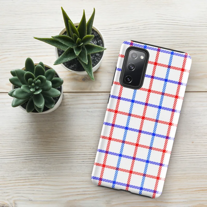 Glossy Red White Blue Plaid Tough Case for Samsung — red white and blue overlapping plaid grid with diagonal stripe texture