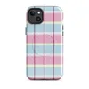 Glossy Pastel Plaid Chic MagSafe Tough Case for iPhone — pastel tartan plaid pattern with sky blue, soft yellow, and magenta