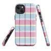 Glossy Pastel Plaid Chic MagSafe Tough Case for iPhone — pastel tartan plaid pattern with sky blue, soft yellow, and magenta