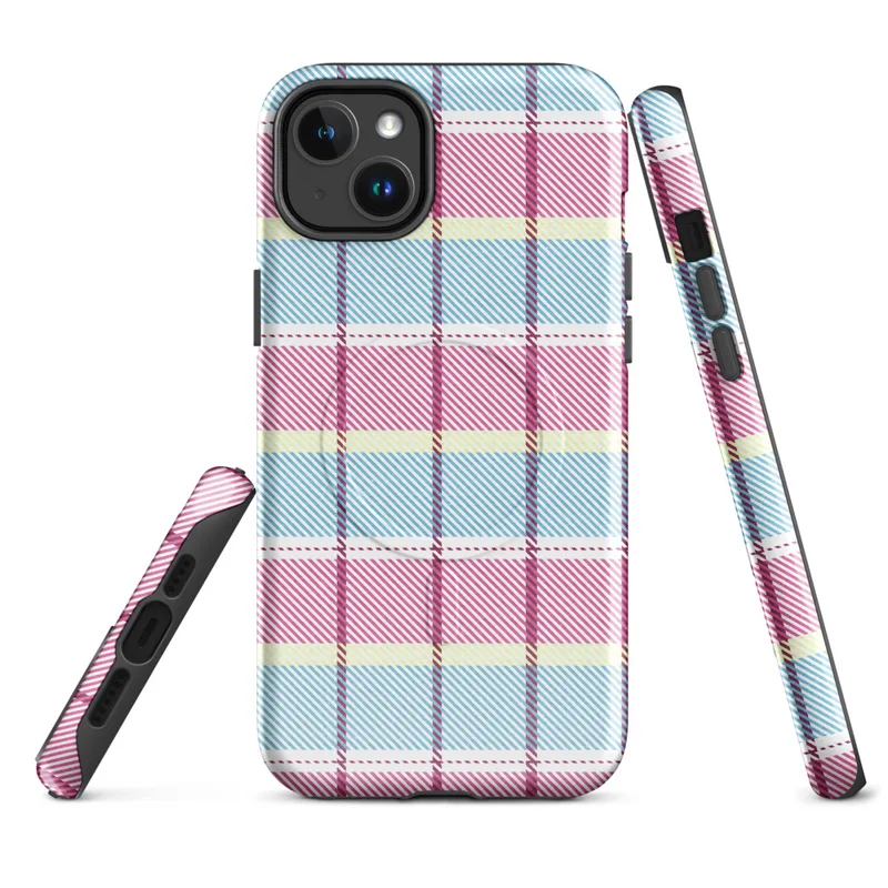 Glossy Pastel Plaid Chic MagSafe Tough Case for iPhone — pastel tartan plaid pattern with sky blue, soft yellow, and magenta