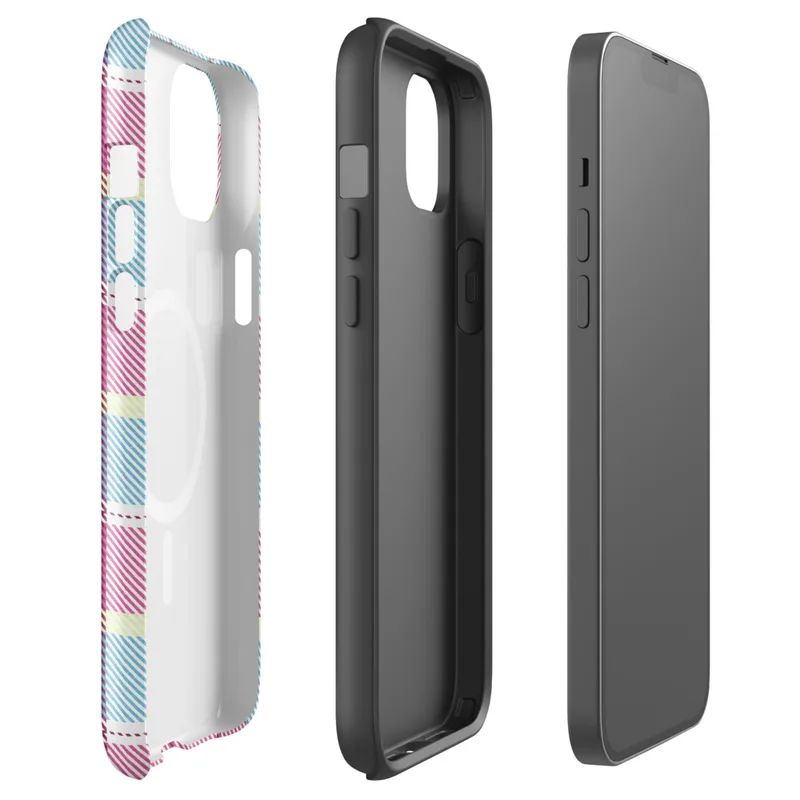 Glossy Pastel Plaid Chic MagSafe Tough Case for iPhone — pastel tartan plaid pattern with sky blue, soft yellow, and magenta