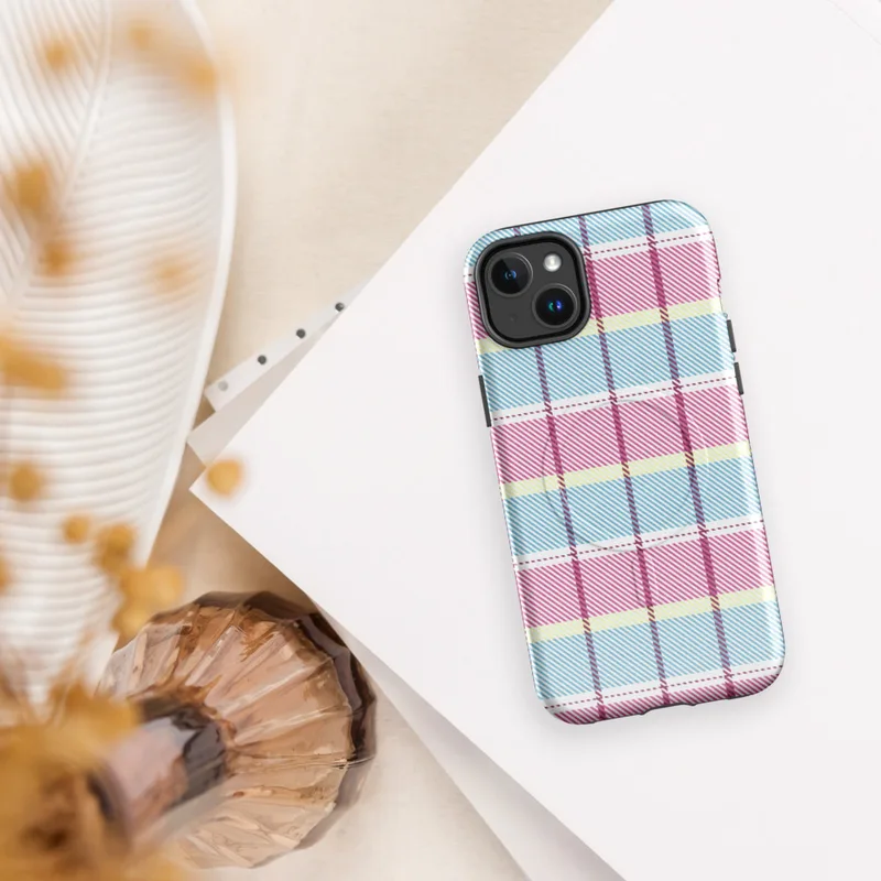 Glossy Pastel Plaid Chic MagSafe Tough Case for iPhone — pastel tartan plaid pattern with sky blue, soft yellow, and magenta