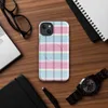 Glossy Pastel Plaid Chic MagSafe Tough Case for iPhone — pastel tartan plaid pattern with sky blue, soft yellow, and magenta
