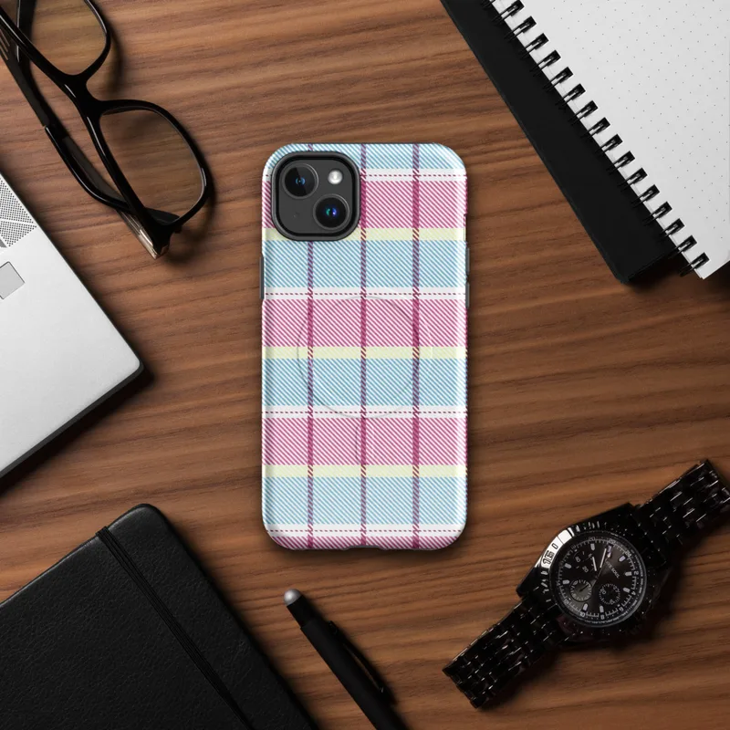 Glossy Pastel Plaid Chic MagSafe Tough Case for iPhone — pastel tartan plaid pattern with sky blue, soft yellow, and magenta