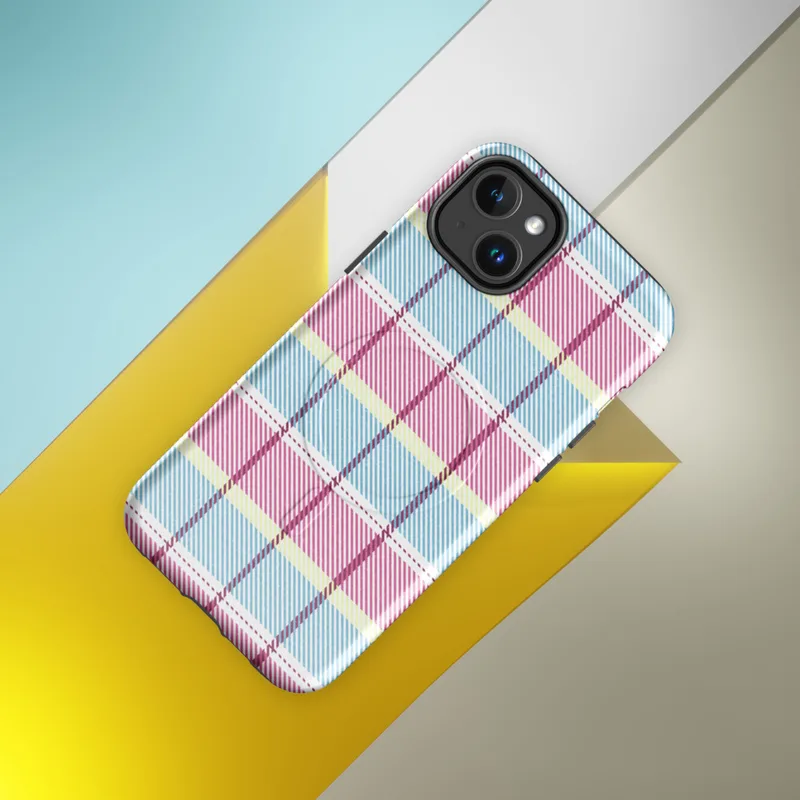 Glossy Pastel Plaid Chic MagSafe Tough Case for iPhone — pastel tartan plaid pattern with sky blue, soft yellow, and magenta