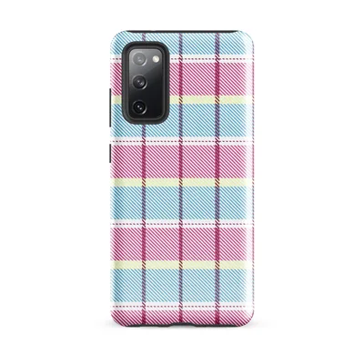 pastel tartan plaid pattern with sky blue, soft yellow, white, and bold magenta intersecting bands and diagonal texture on Glossy Pastel Plaid Preppy Charm Tough Case for Samsung - default - Front view
