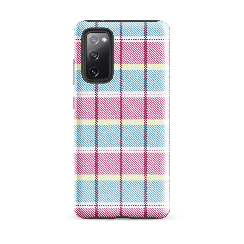 Glossy Pastel Plaid Preppy Charm Tough Case for Samsung — pastel tartan plaid pattern with sky blue, soft yellow, white