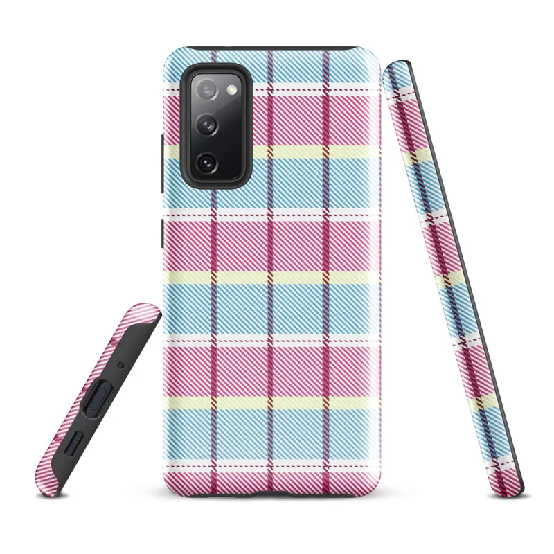 Glossy Pastel Plaid Preppy Charm Tough Case for Samsung — pastel tartan plaid pattern with sky blue, soft yellow, white