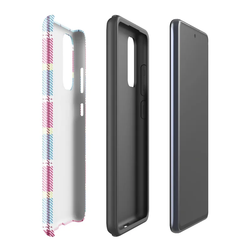 Glossy Pastel Plaid Preppy Charm Tough Case for Samsung — pastel tartan plaid pattern with sky blue, soft yellow, white