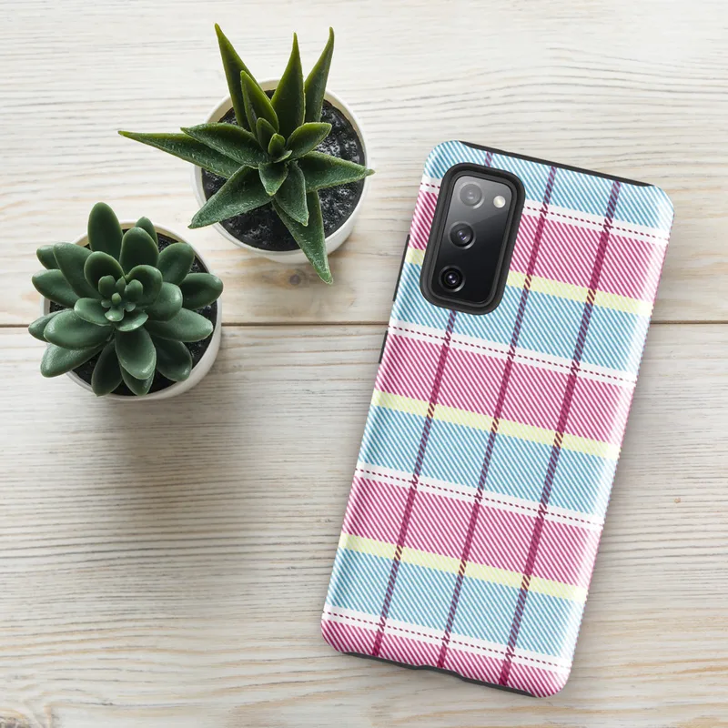 Glossy Pastel Plaid Preppy Charm Tough Case for Samsung — pastel tartan plaid pattern with sky blue, soft yellow, white