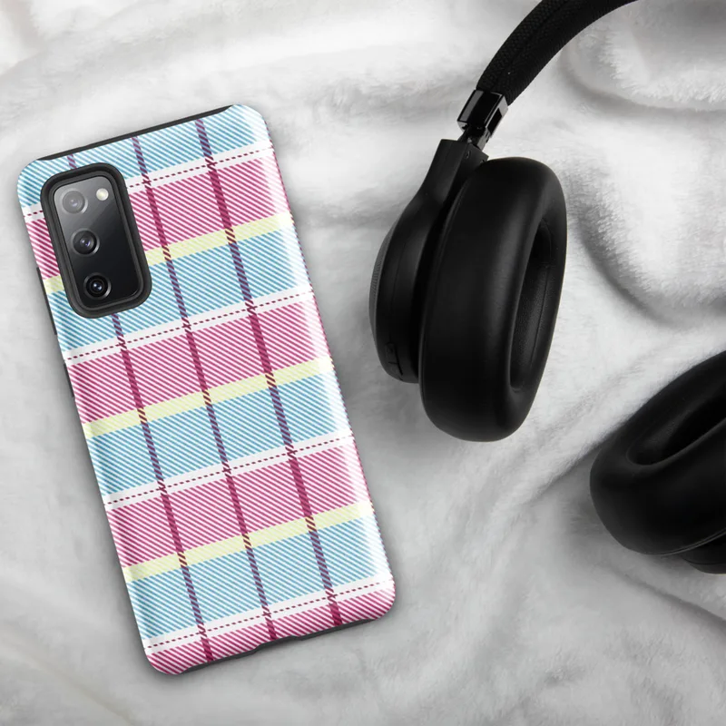 Glossy Pastel Plaid Preppy Charm Tough Case for Samsung — pastel tartan plaid pattern with sky blue, soft yellow, white
