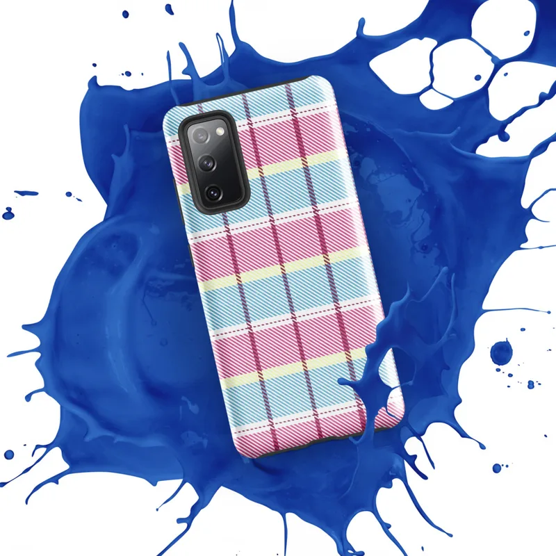 Glossy Pastel Plaid Preppy Charm Tough Case for Samsung — pastel tartan plaid pattern with sky blue, soft yellow, white