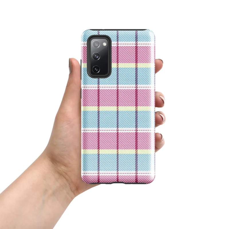 Glossy Pastel Plaid Preppy Charm Tough Case for Samsung — pastel tartan plaid pattern with sky blue, soft yellow, white