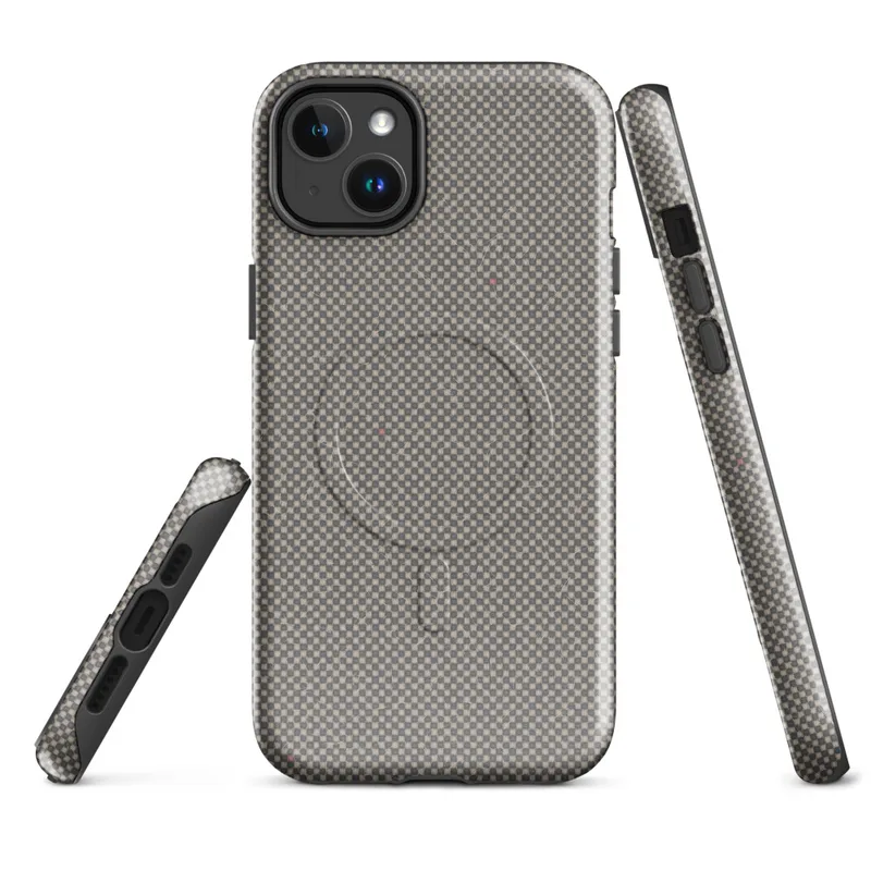 Glossy Urban Grid Minimalist MagSafe Tough Case for iPhone — micro-checkerboard pattern in muted slate and warm greige