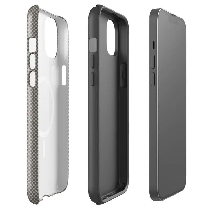 Glossy Urban Grid Minimalist MagSafe Tough Case for iPhone — micro-checkerboard pattern in muted slate and warm greige
