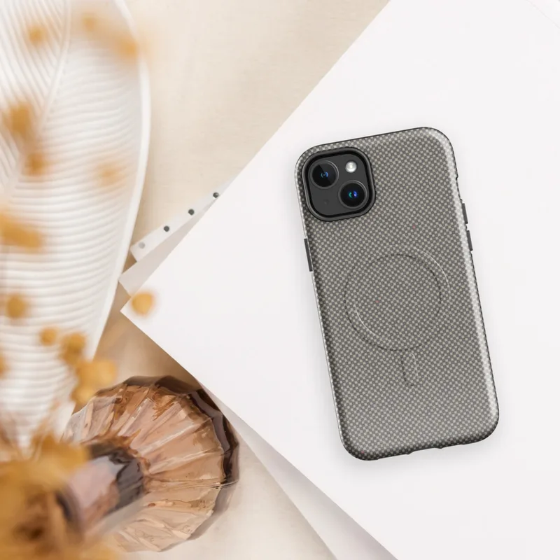 Glossy Urban Grid Minimalist MagSafe Tough Case for iPhone — micro-checkerboard pattern in muted slate and warm greige