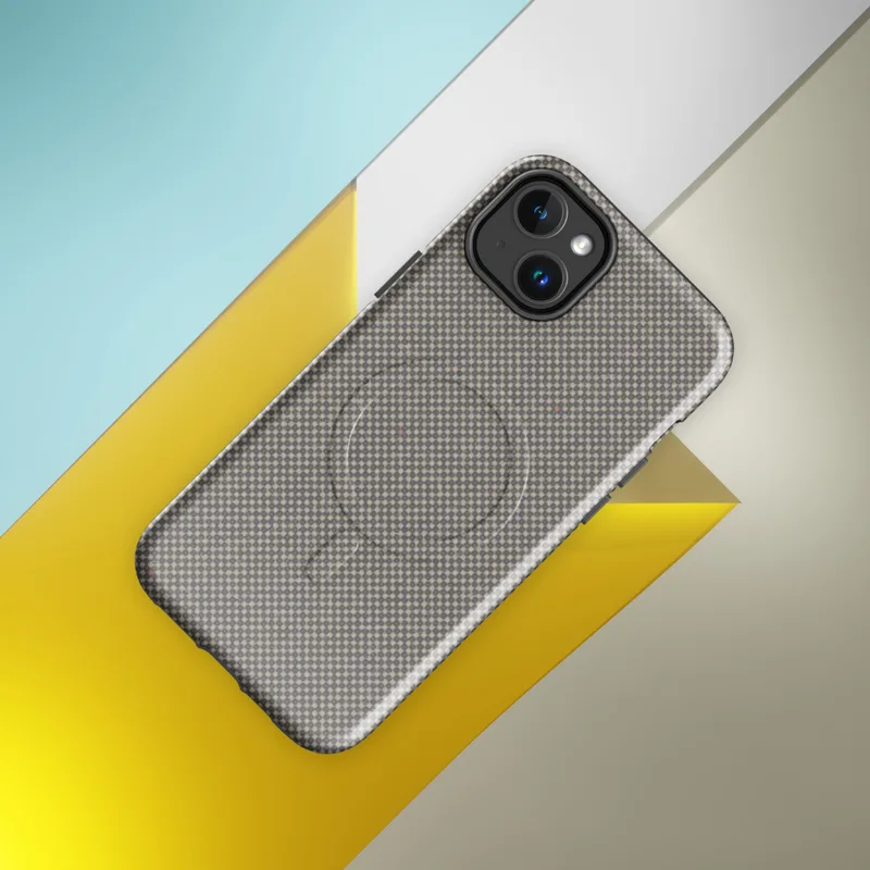 Glossy Urban Grid Minimalist MagSafe Tough Case for iPhone — micro-checkerboard pattern in muted slate and warm greige