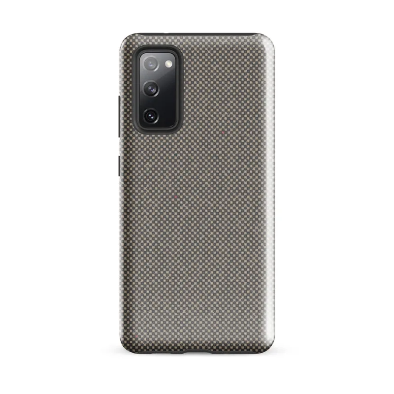 Glossy Steel Grid Woven Texture Tough Case for Samsung — fine checkerboard weave pattern in cool slate and warm sand tones