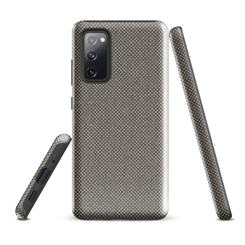 Glossy Steel Grid Woven Texture Tough Case for Samsung — fine checkerboard weave pattern in cool slate and warm sand tones