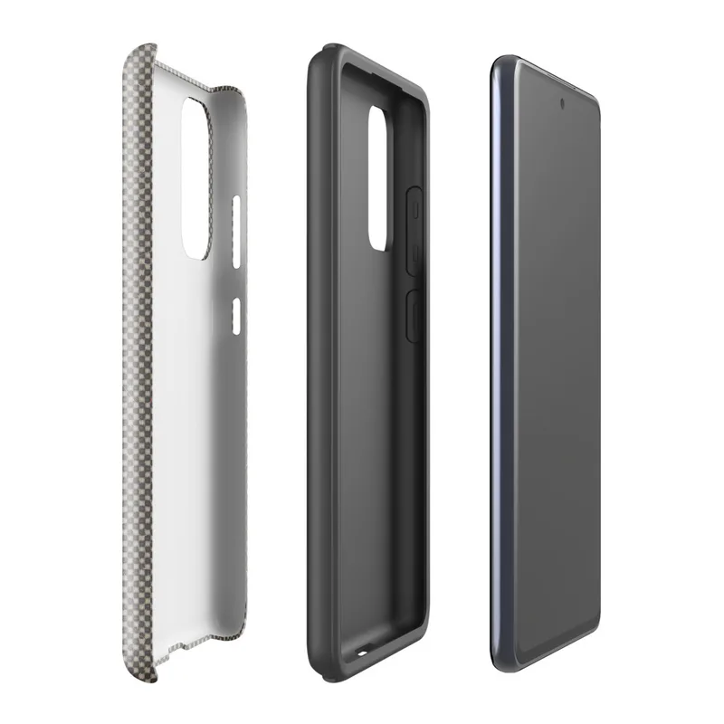 Glossy Steel Grid Woven Texture Tough Case for Samsung — fine checkerboard weave pattern in cool slate and warm sand tones