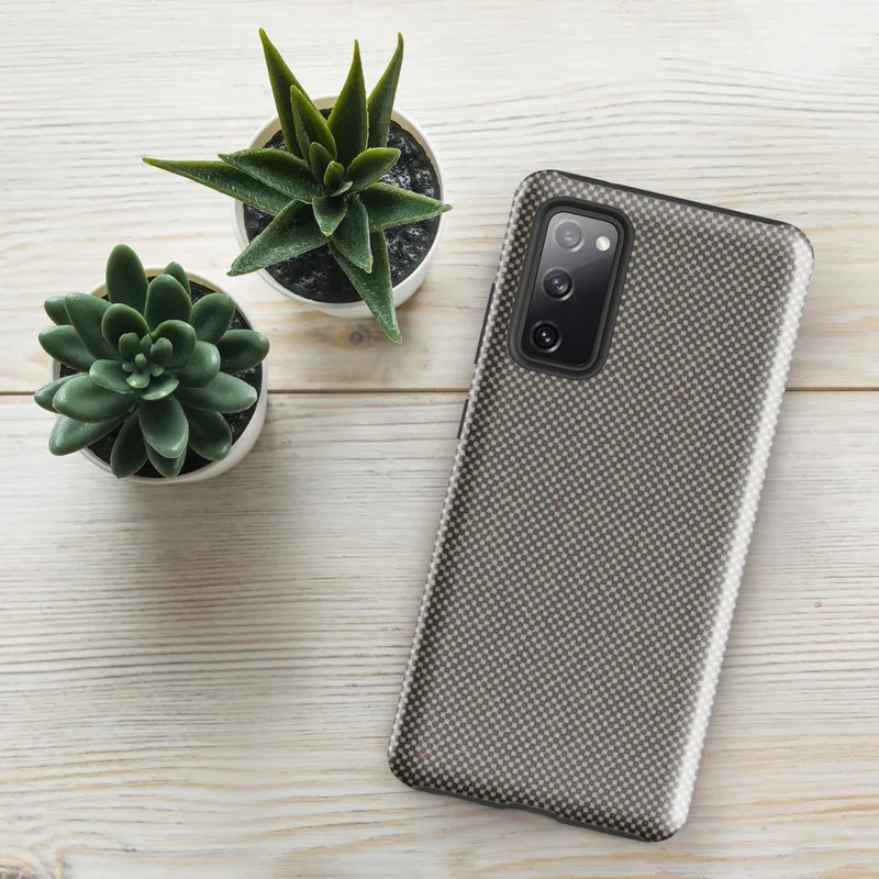 Glossy Steel Grid Woven Texture Tough Case for Samsung — fine checkerboard weave pattern in cool slate and warm sand tones