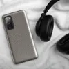 Glossy Steel Grid Woven Texture Tough Case for Samsung — fine checkerboard weave pattern in cool slate and warm sand tones