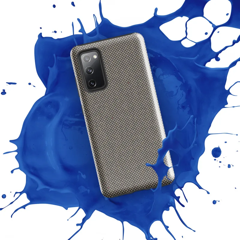 Glossy Steel Grid Woven Texture Tough Case for Samsung — fine checkerboard weave pattern in cool slate and warm sand tones