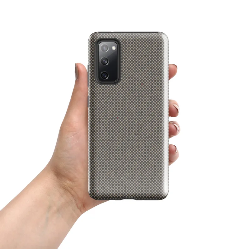 Glossy Steel Grid Woven Texture Tough Case for Samsung — fine checkerboard weave pattern in cool slate and warm sand tones