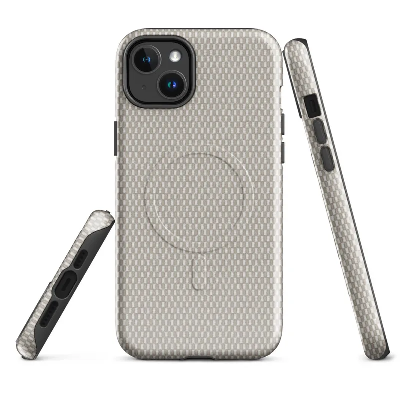 Glossy Woven Linen Texture MagSafe Tough Case for iPhone — close-up woven textile pattern in warm beige and ivory