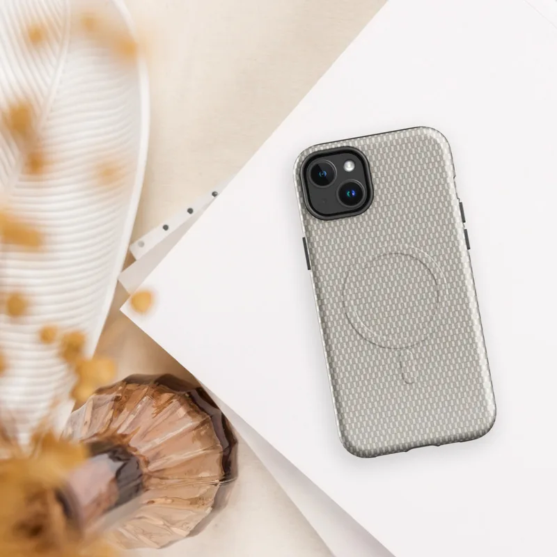Glossy Woven Linen Texture MagSafe Tough Case for iPhone — close-up woven textile pattern in warm beige and ivory