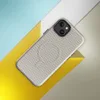 Glossy Woven Linen Texture MagSafe Tough Case for iPhone — close-up woven textile pattern in warm beige and ivory